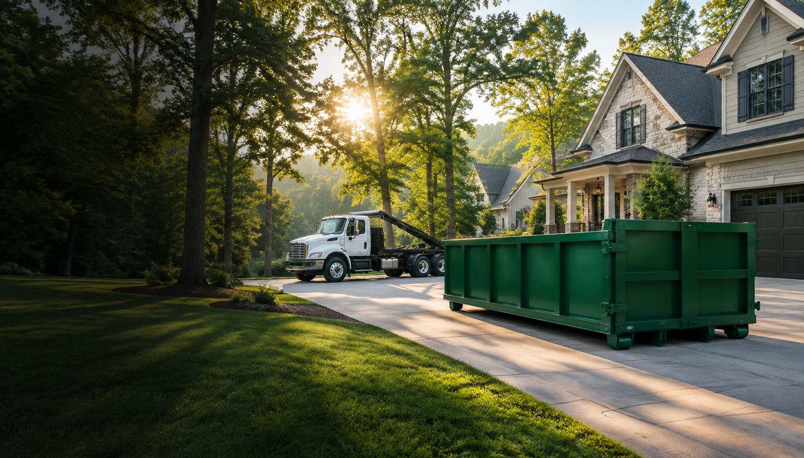 Roll-off dumpster and delivery truck serving a Georgia residential property